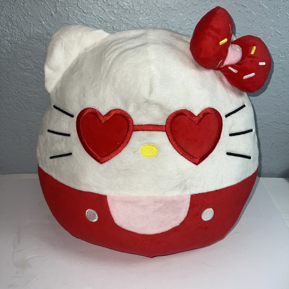Cute & Round Kitty Squishy Pillow Sweet Red Bow & Red Heart Glasses